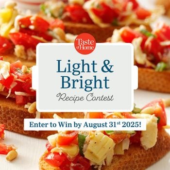 Light & Bright Recipe Contest Announcement Collage over a 3/4 shot of a tomato bruschetta healthy and colourful recipe image.